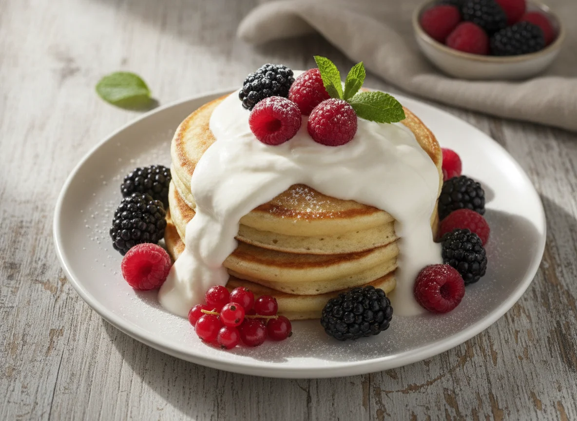 Hotcakes con frutos rojos y crema photo