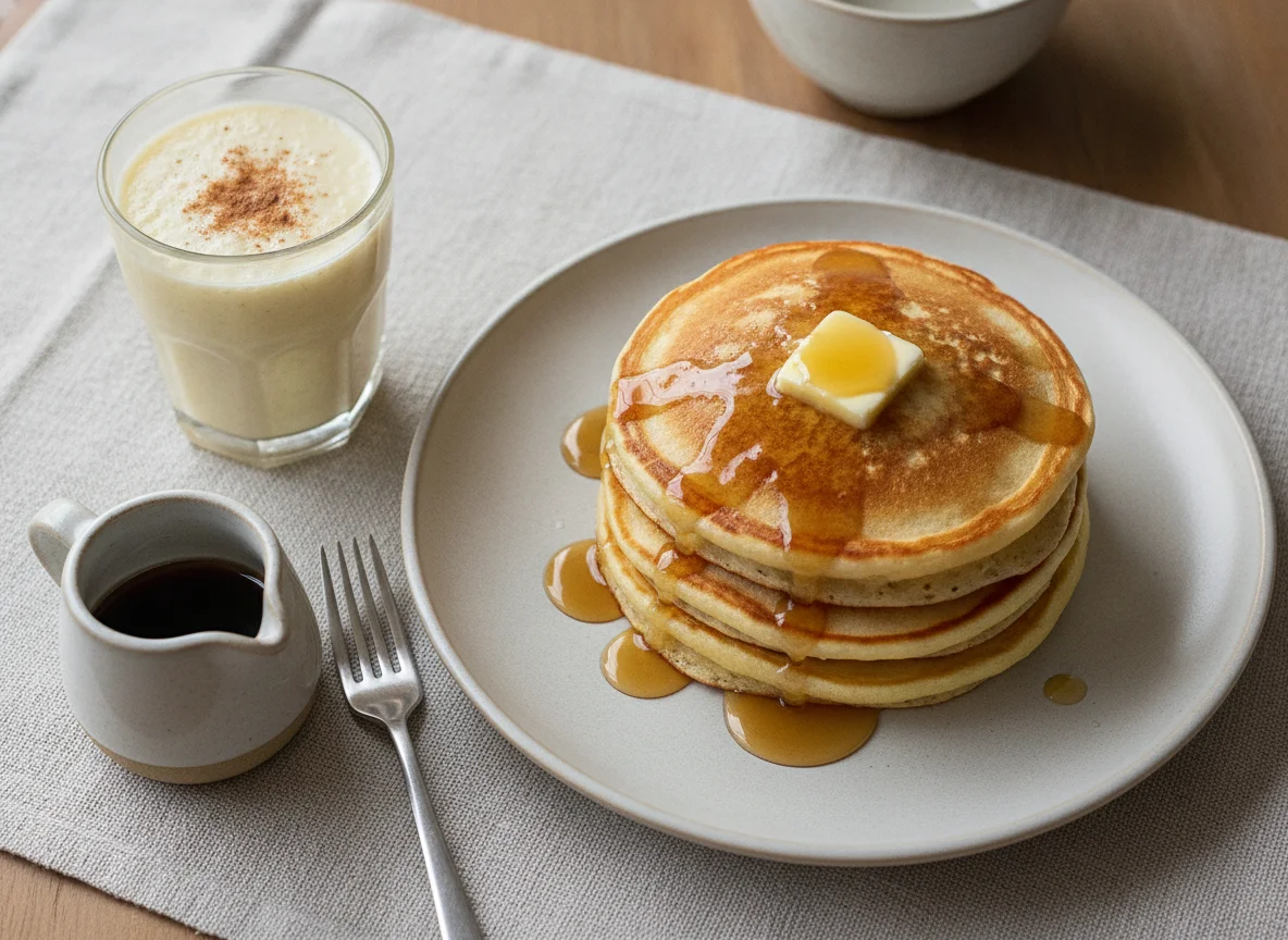 Hotcakes con mantequilla y jarabe, con bebida láctea photo