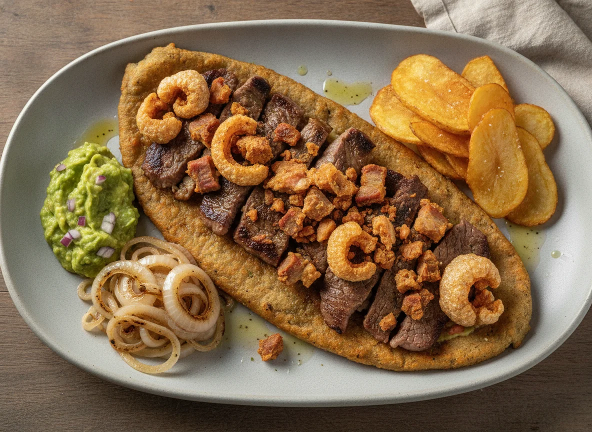 Huarache de bistec con chicharrón photo