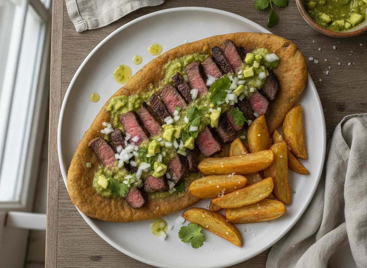 Huarache de bistec con papas y salsa verde photo