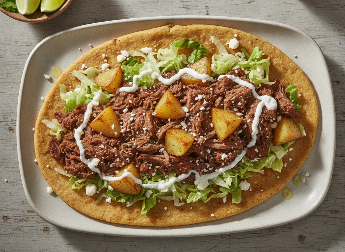 Huarache de carne deshebrada con papas photo
