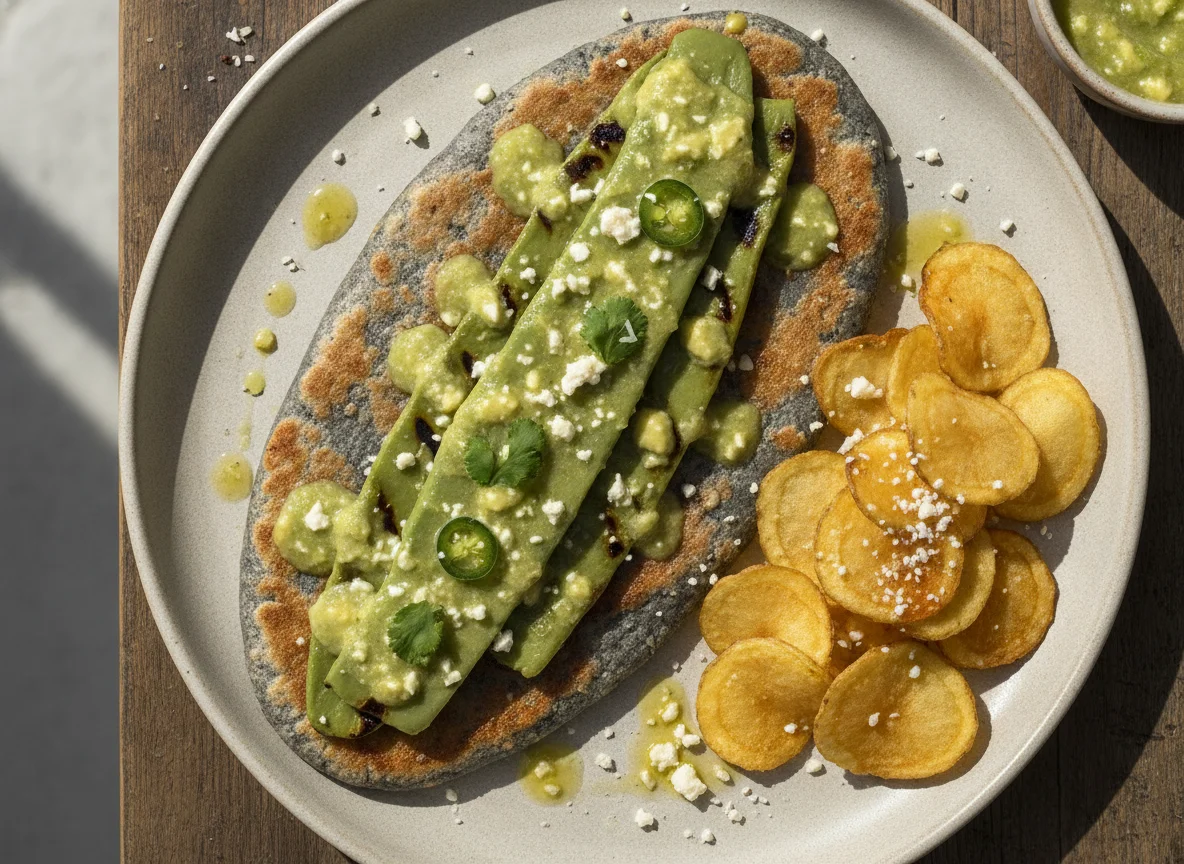 Huarache de masa azul con nopales y salsa photo