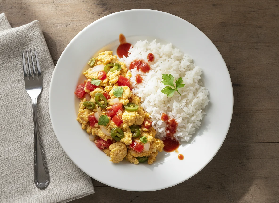 Huevo a la mexicana con arroz blanco photo