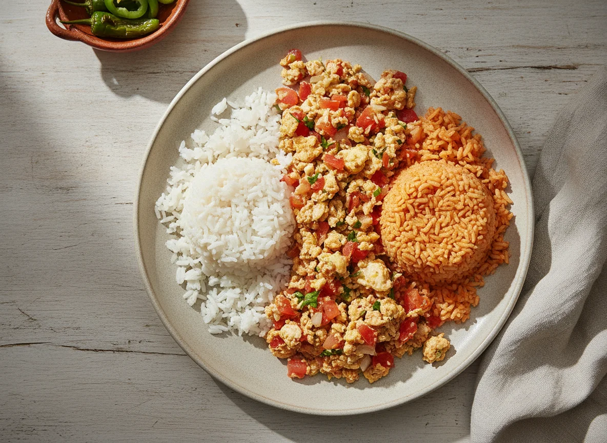 Huevo a la mexicana con arroz blanco y rojo photo