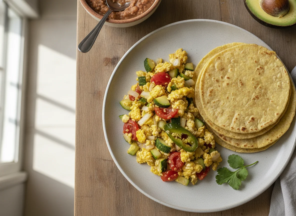 Huevo a la mexicana con calabacita y tortilla photo