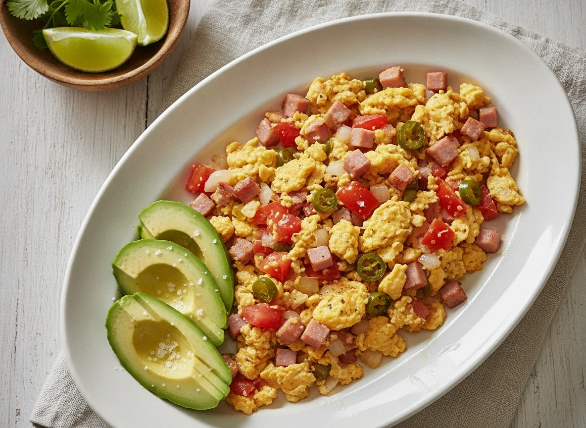 Huevo a la mexicana con jamón y aguacate photo