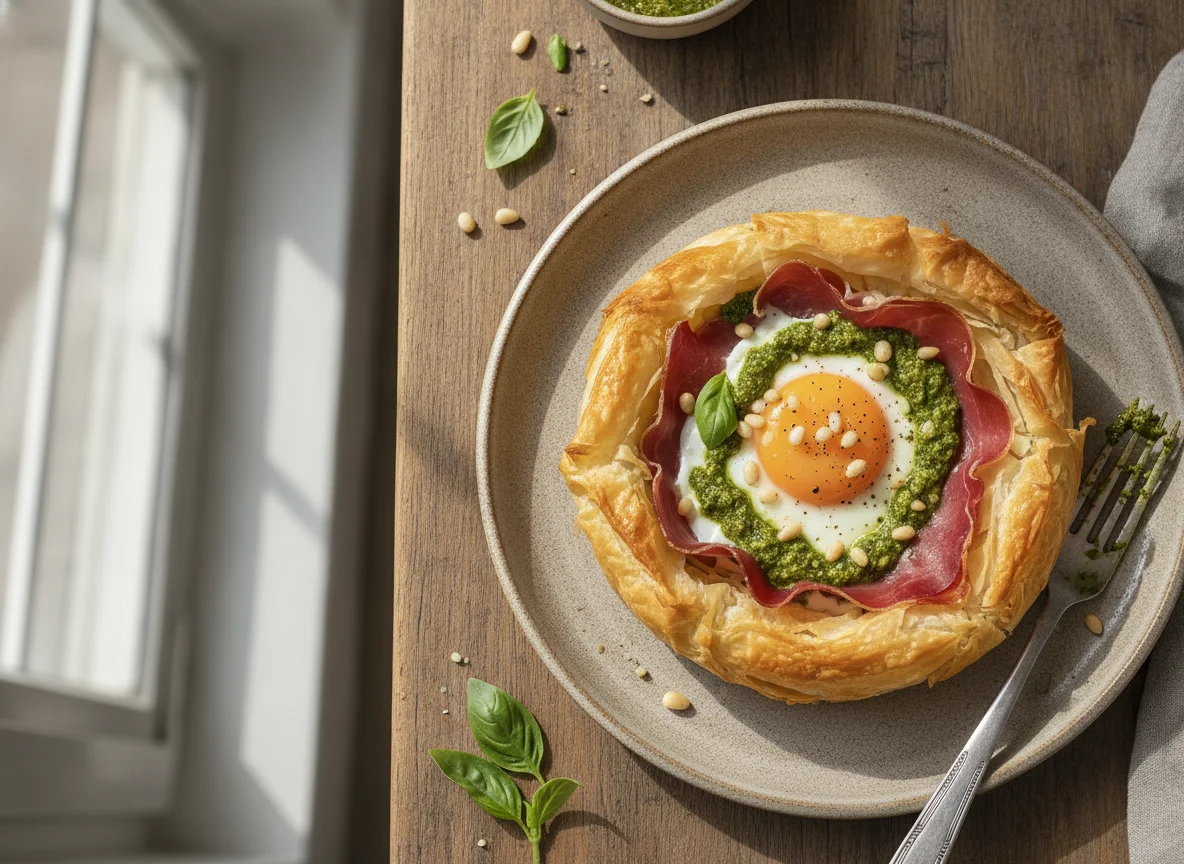 Huevo al horno en masa filo con jamón y pesto photo