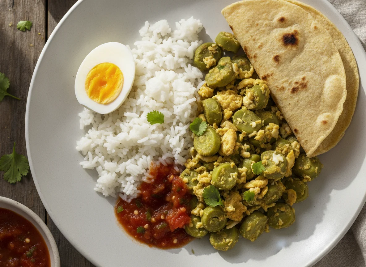 Huevo cocido con arroz, nopales y tortilla photo