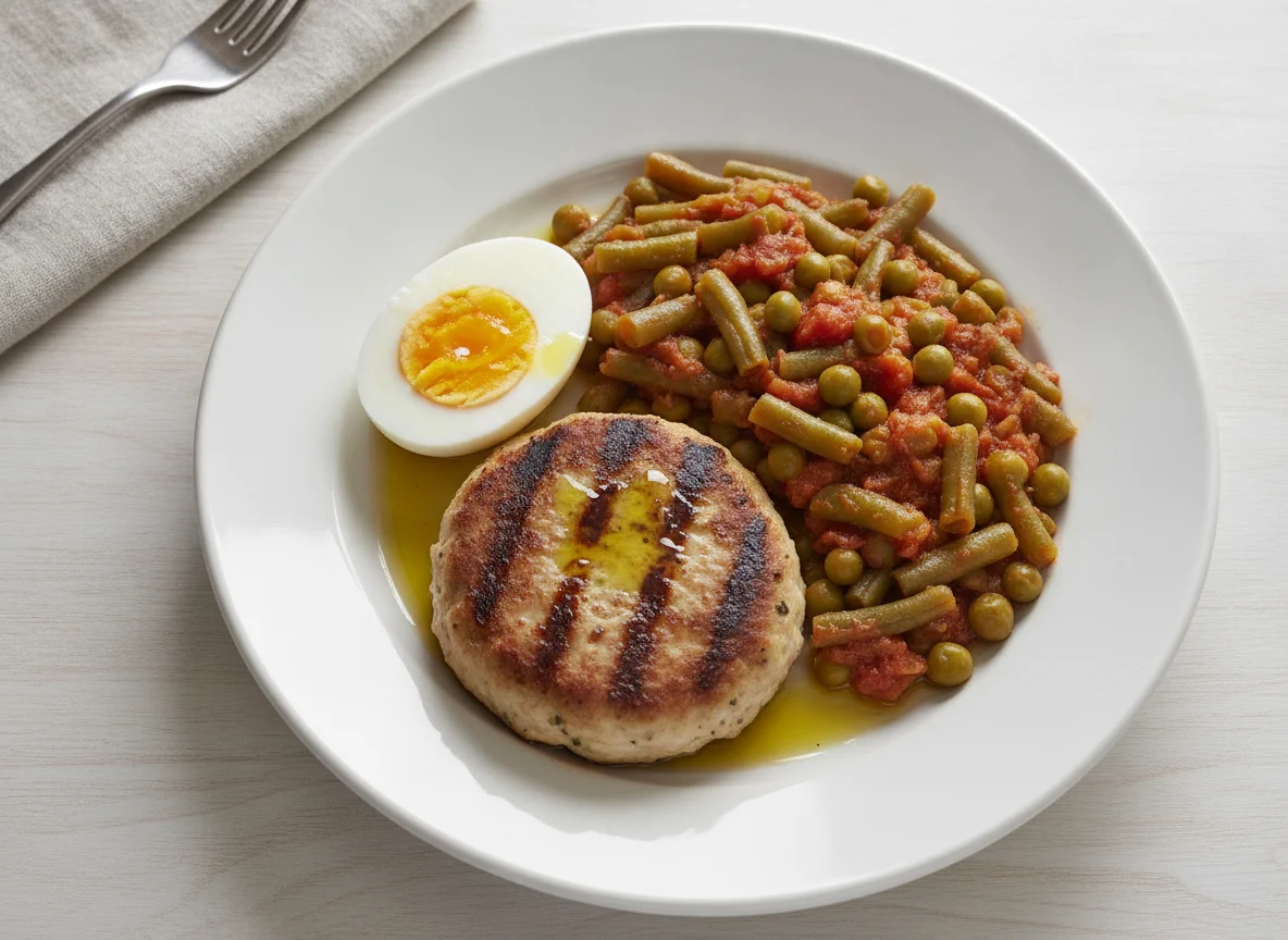 Huevo cocido con hamburguesa de pollo y menestra de verduras photo