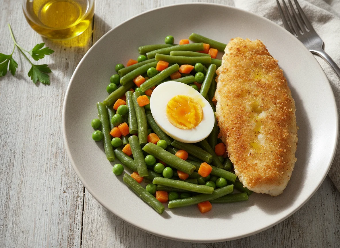 Huevo cocido con menestra de verduras y filete de pescado rebozado photo