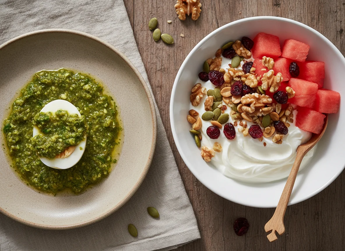 Huevo cocido con salsa y tazón de sandía con yogurt y frutos secos photo