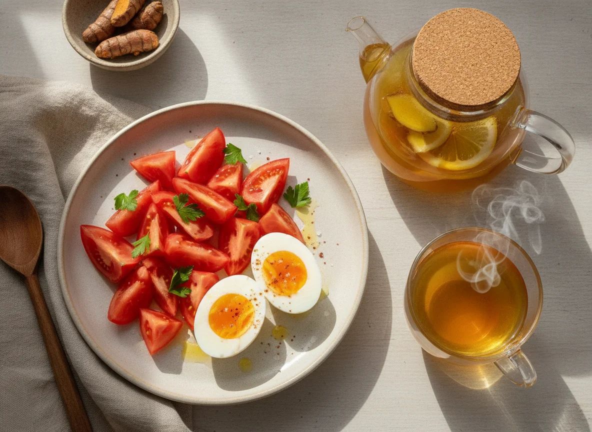 Huevo cocido con tomate y té photo