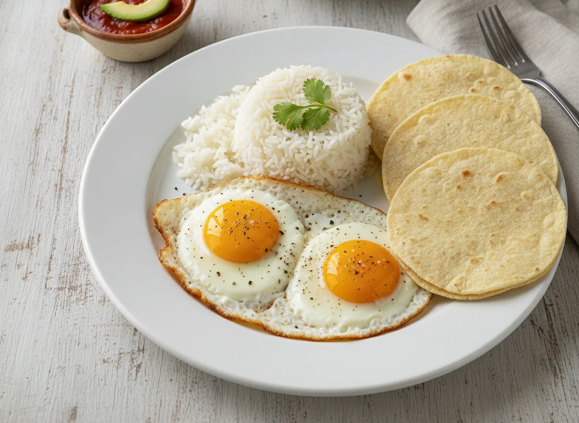 Huevo con arroz y tortilla photo