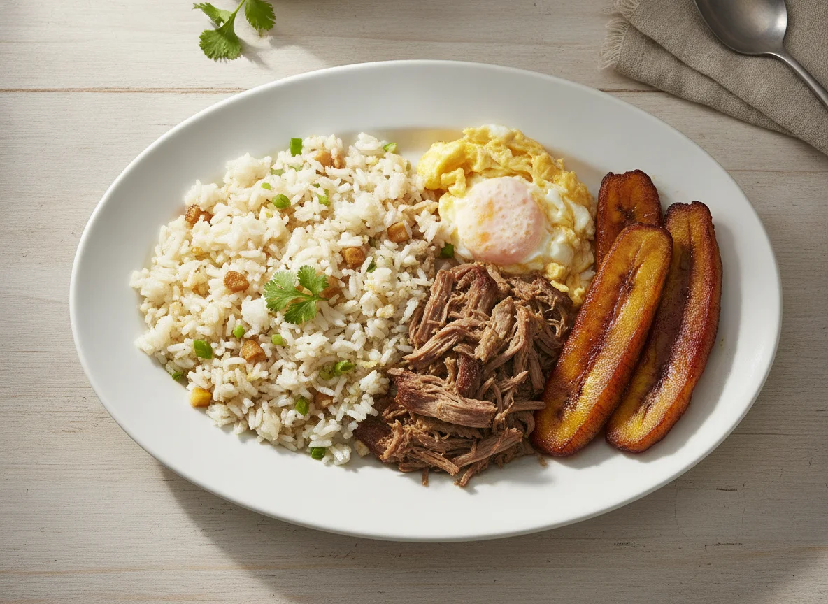 Huevo con carne de res sofrito con arroz blanco frito y un plátano frito photo