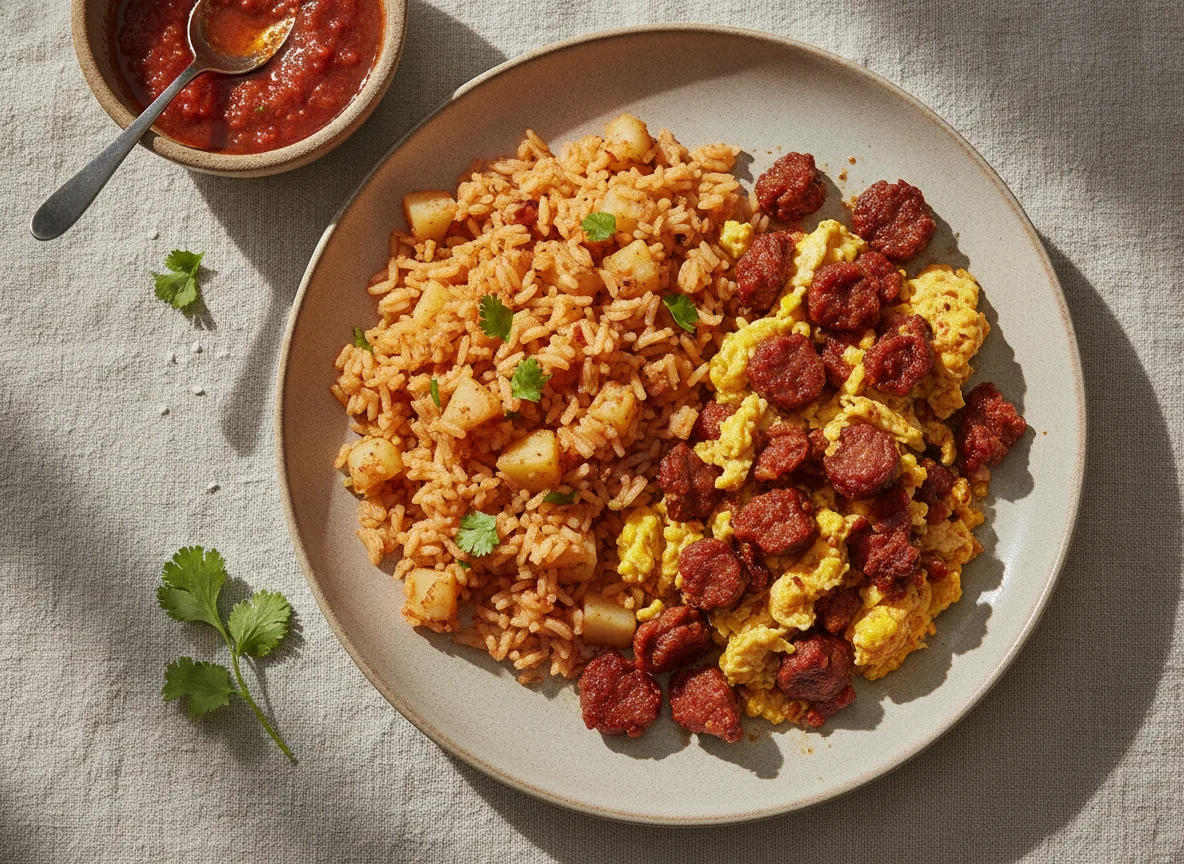 Huevo con chorizo acompañado de arroz rojo con papas photo