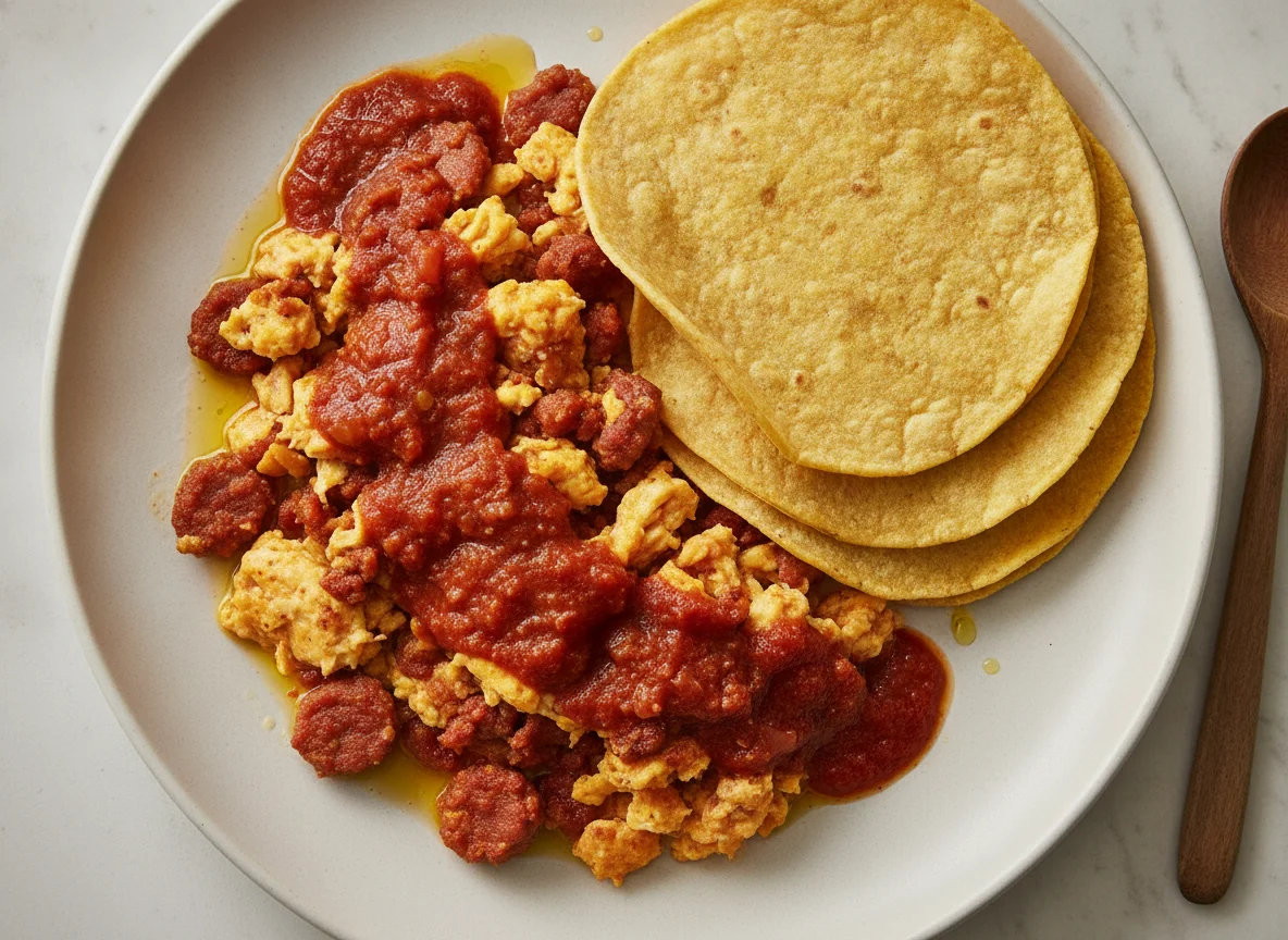 Huevo con chorizo y tortilla photo