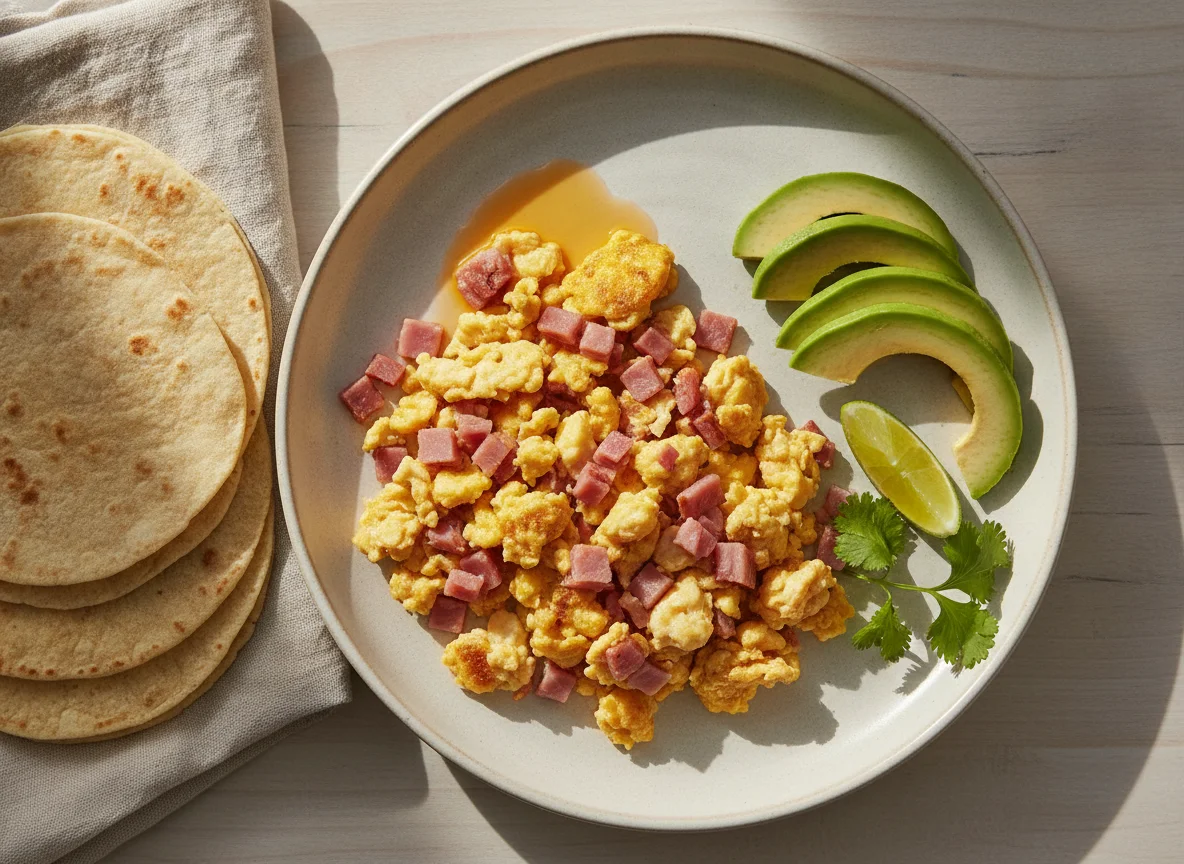 Huevo con jamón acompañado de aguacate y tortillas photo