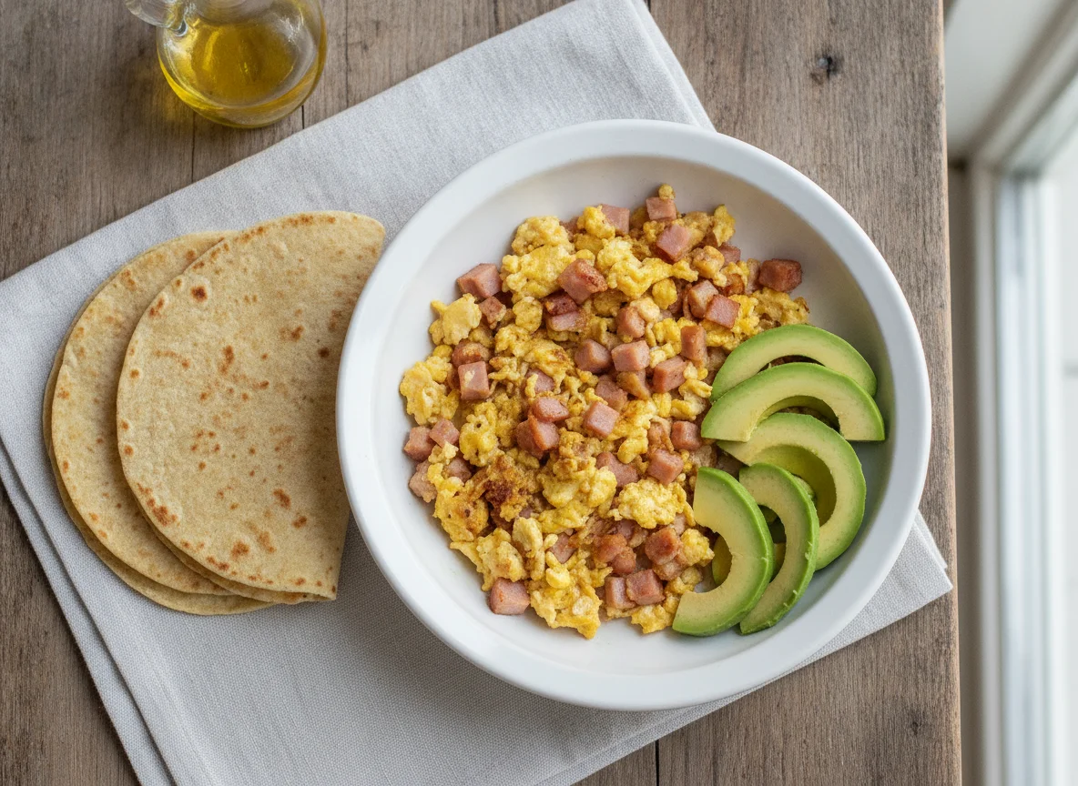 Huevo con jamón acompañado de tortillas y aguacate photo