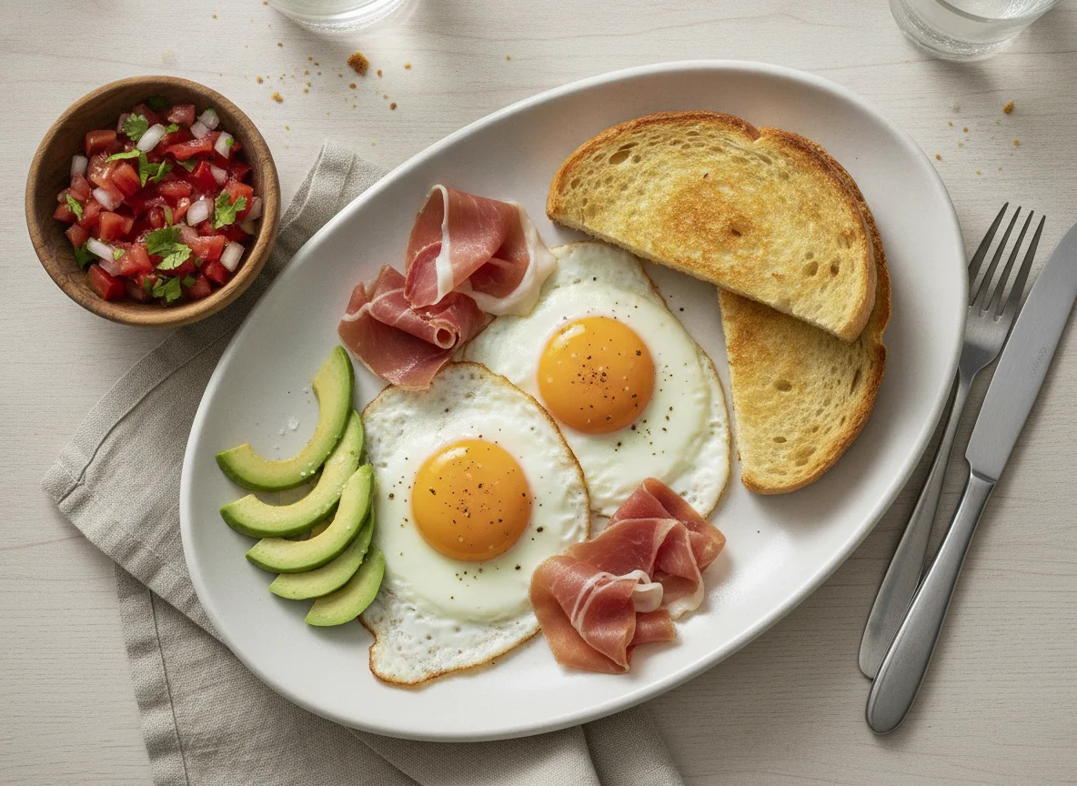 Huevo con jamón, aguacate y pan tostado photo