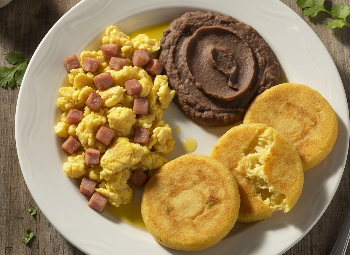 Huevo con jamón, frijoles refritos y gorditas de maíz photo