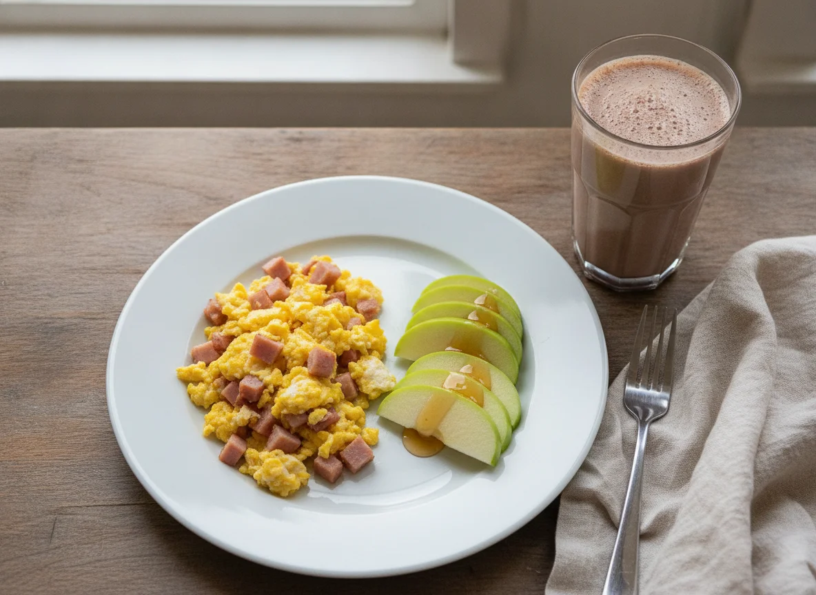 Huevo con jamón, manzana y licuado de chocolate photo