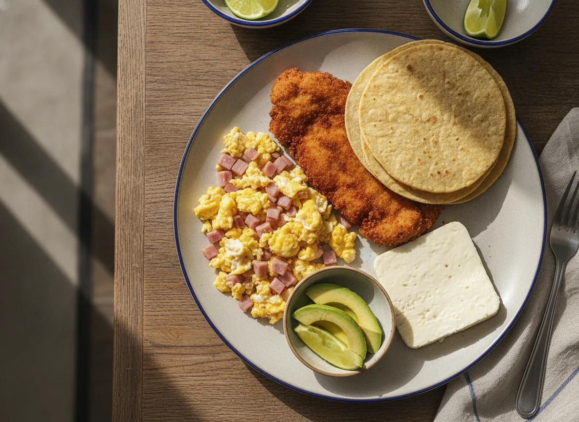 Huevo con jamón, milanesa de pollo, queso panela y tortillas photo