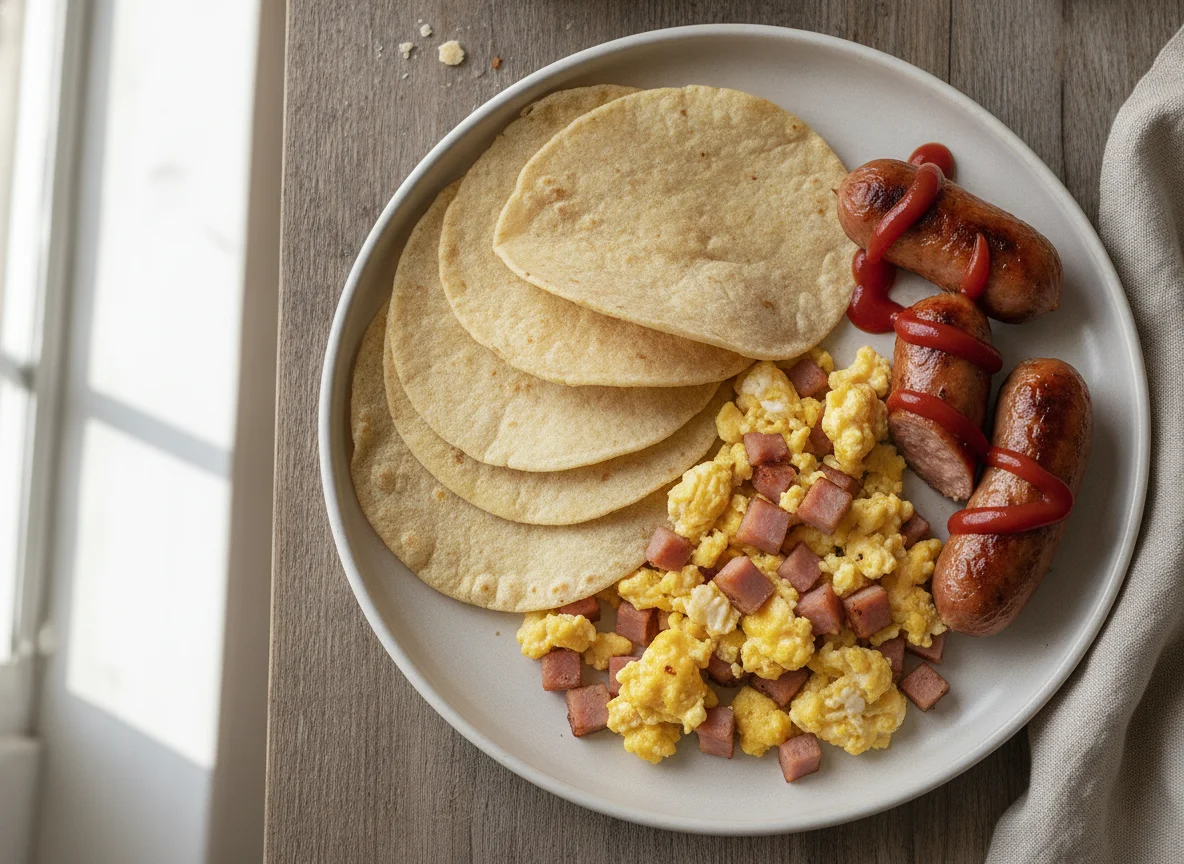 Huevo con jamón, salchichas con cátsup y tortillas photo
