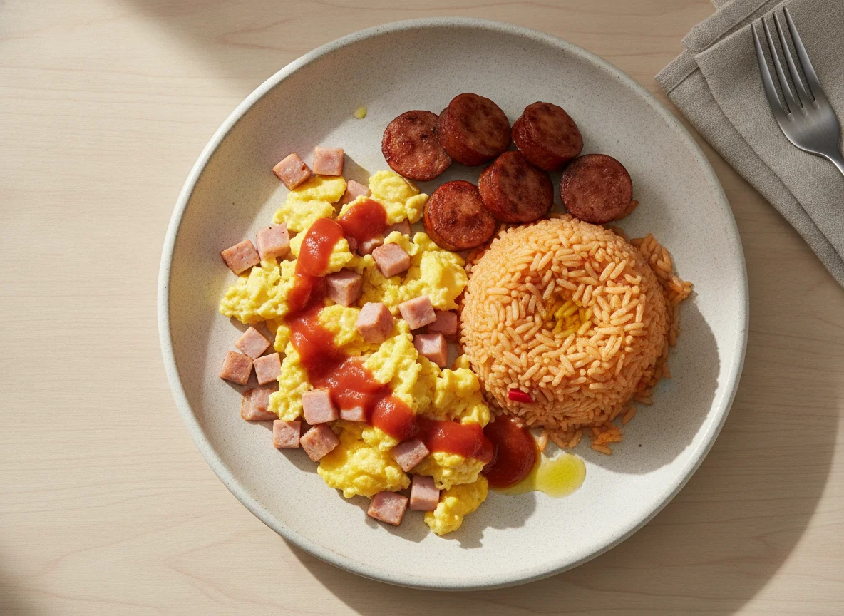 Huevo con jamón, salchichas y arroz rojo photo