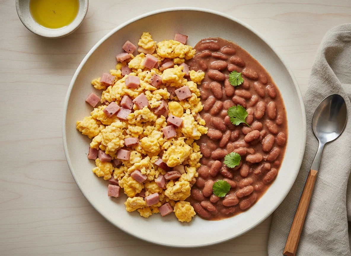 Huevo con jamón y frijoles bayos photo