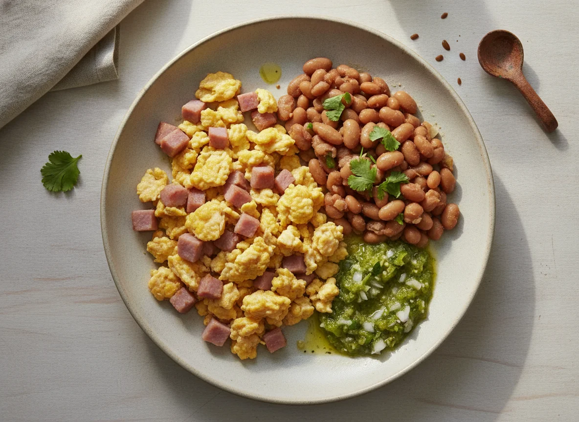 Huevo con jamón y frijoles de la olla photo