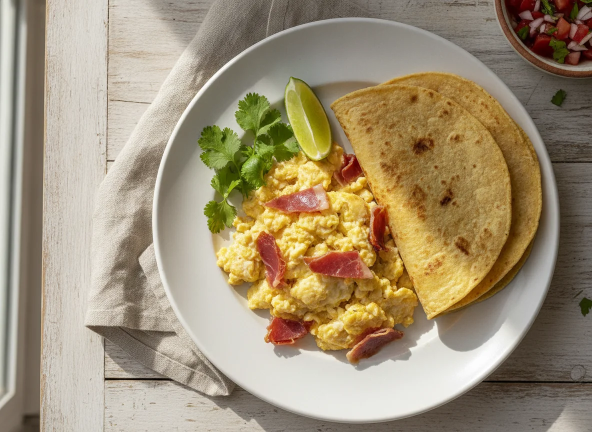 Huevo con jamón y tortillas photo
