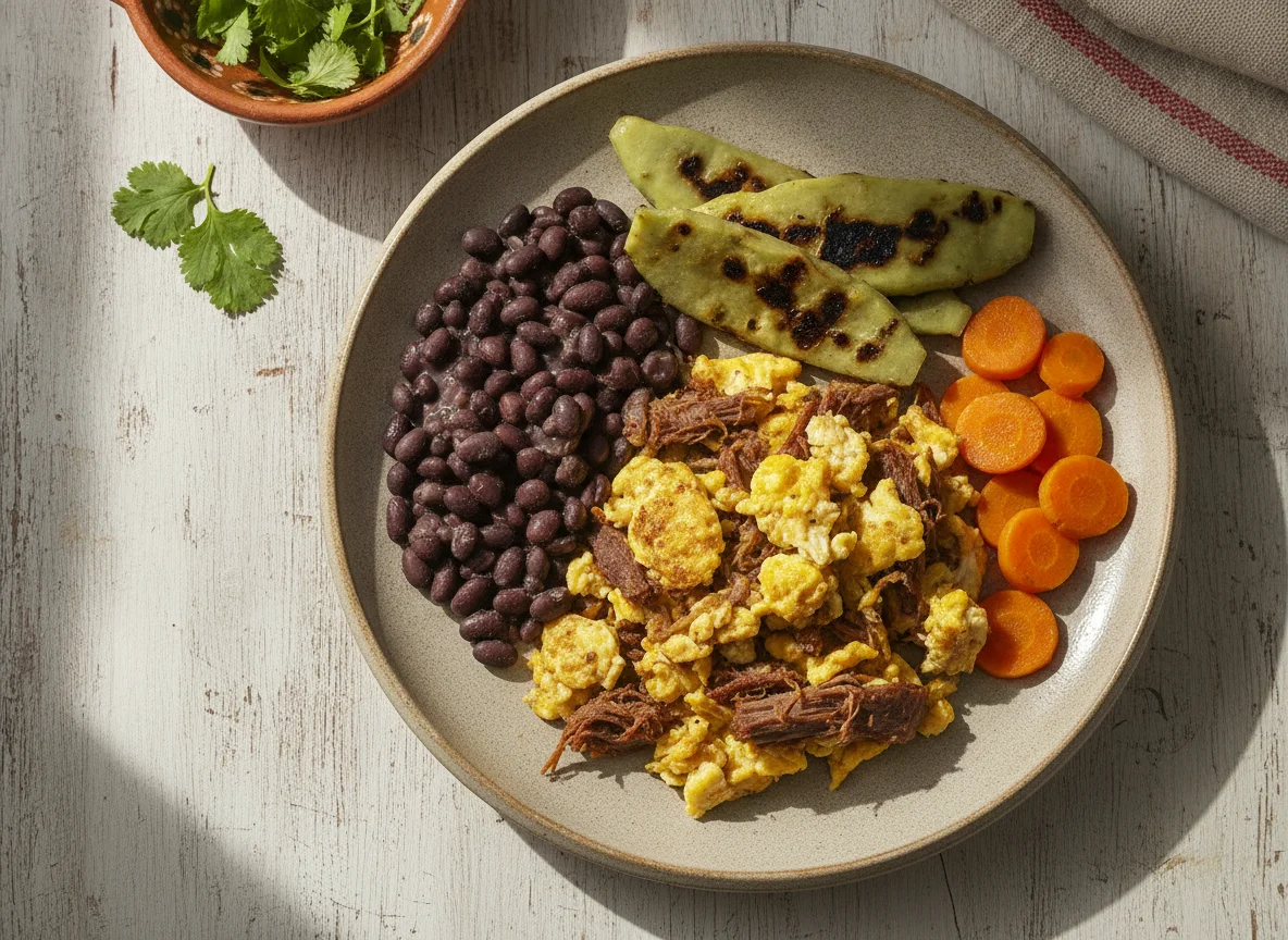 Huevo con machaca, frijoles negros y nopal photo