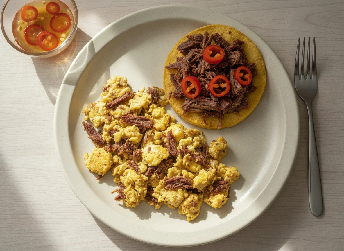 Huevo con machaca y tostada photo