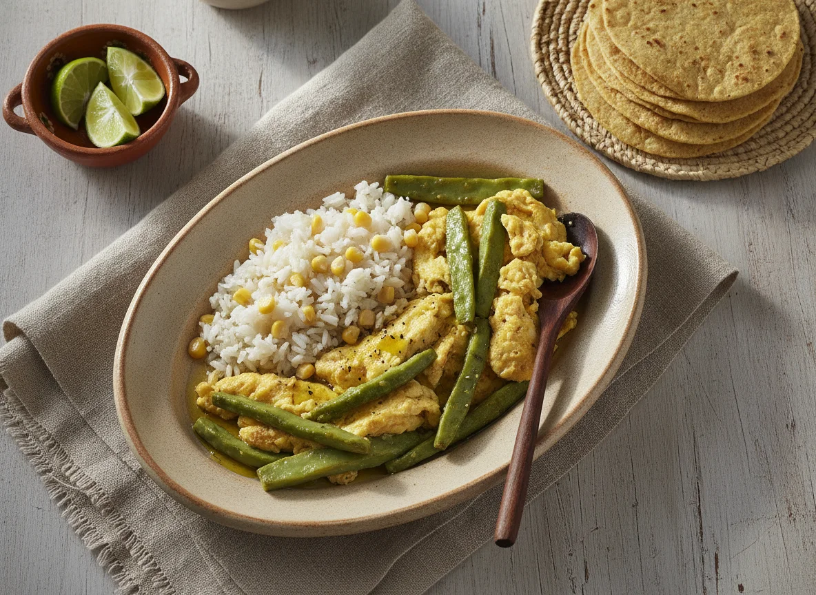 Huevo con nopales acompañado de arroz y tortillas photo