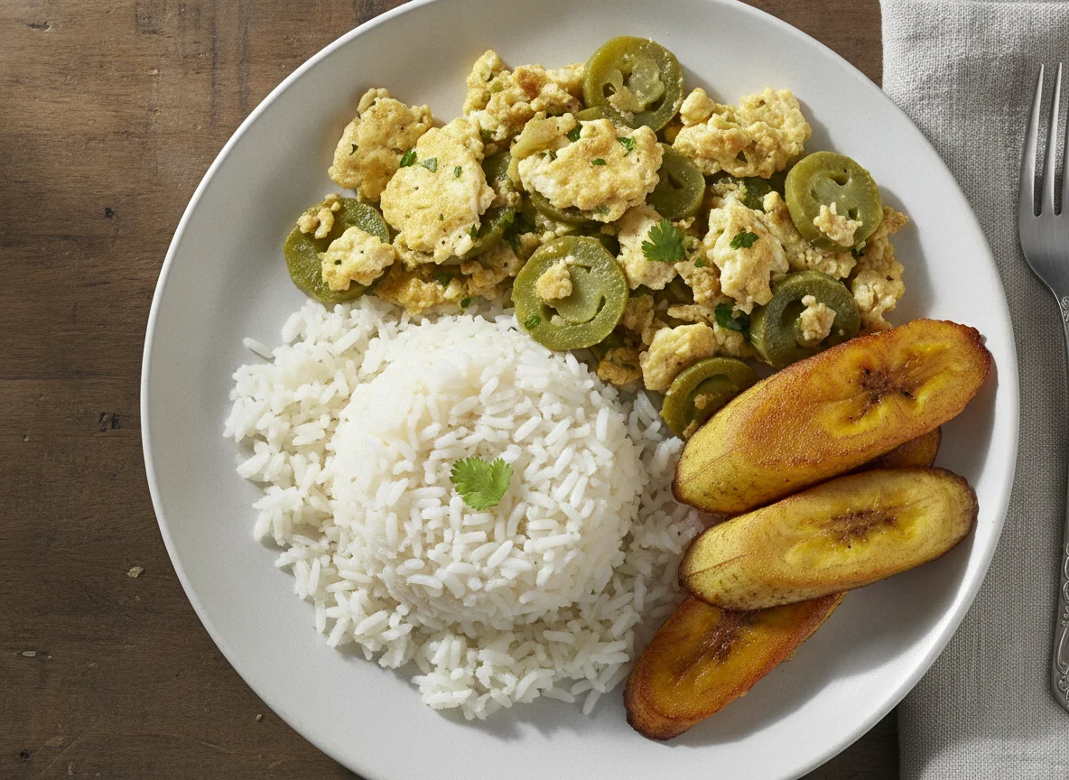 Huevo con nopales, arroz blanco y plátano frito photo