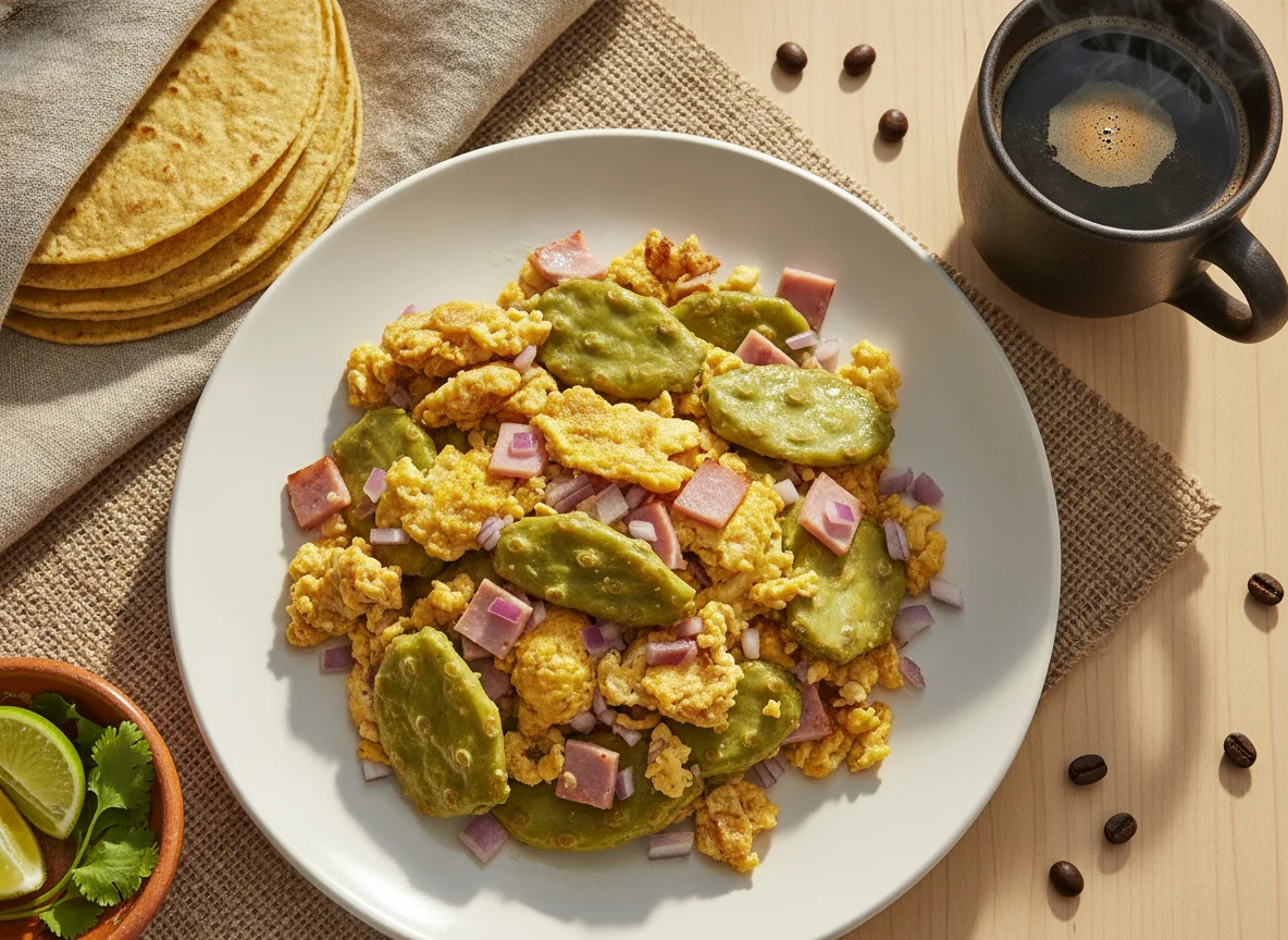 Huevo con nopales, jamón y tortilla acompañado de café photo