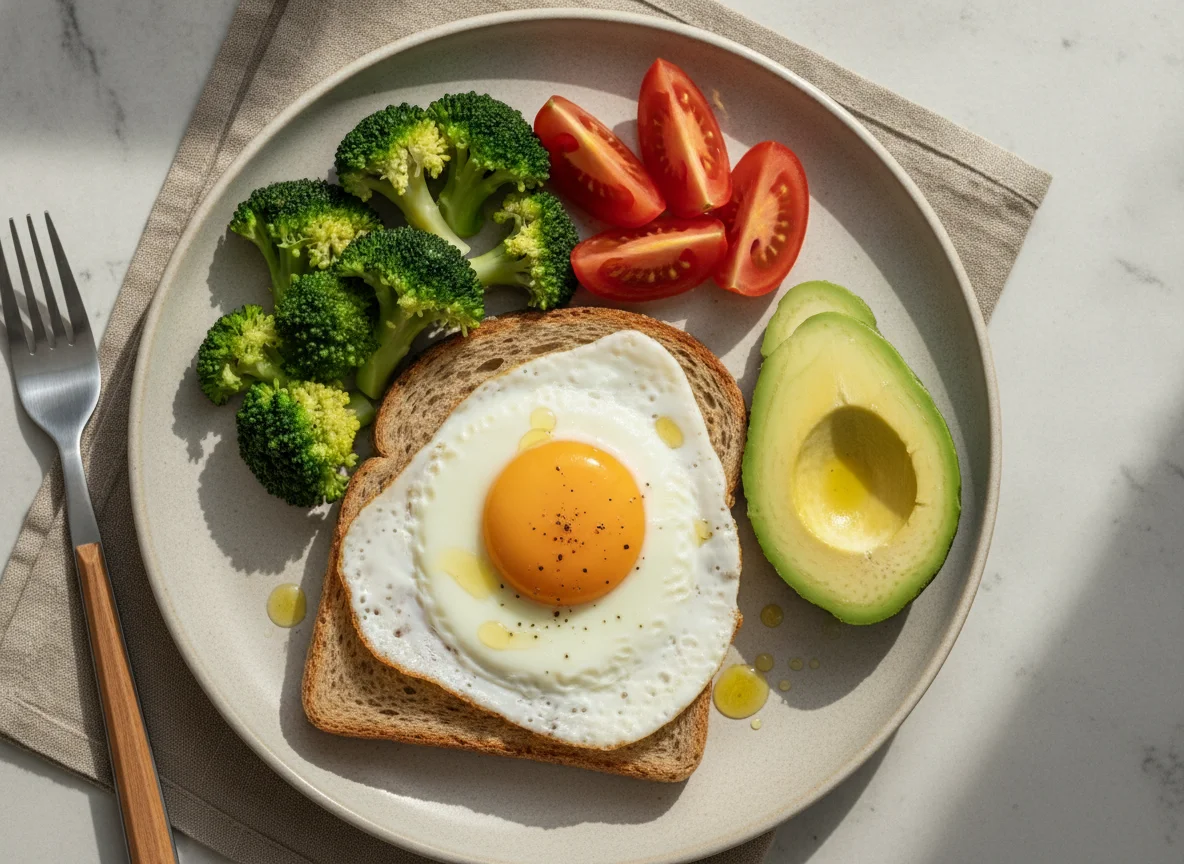 Huevo con pan integral, aguacate y vegetales photo