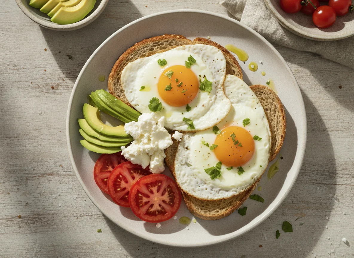 Huevo con pan tostado, aguacate y jitomate photo