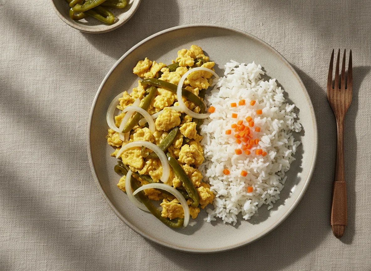 Huevo con rajas y arroz blanco photo
