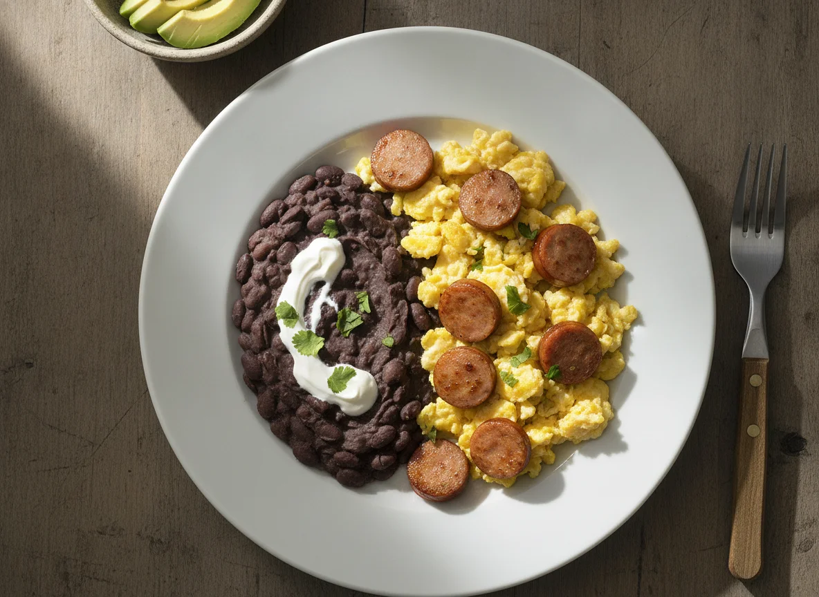 Huevo con salchicha acompañado de frijoles refritos y crema photo