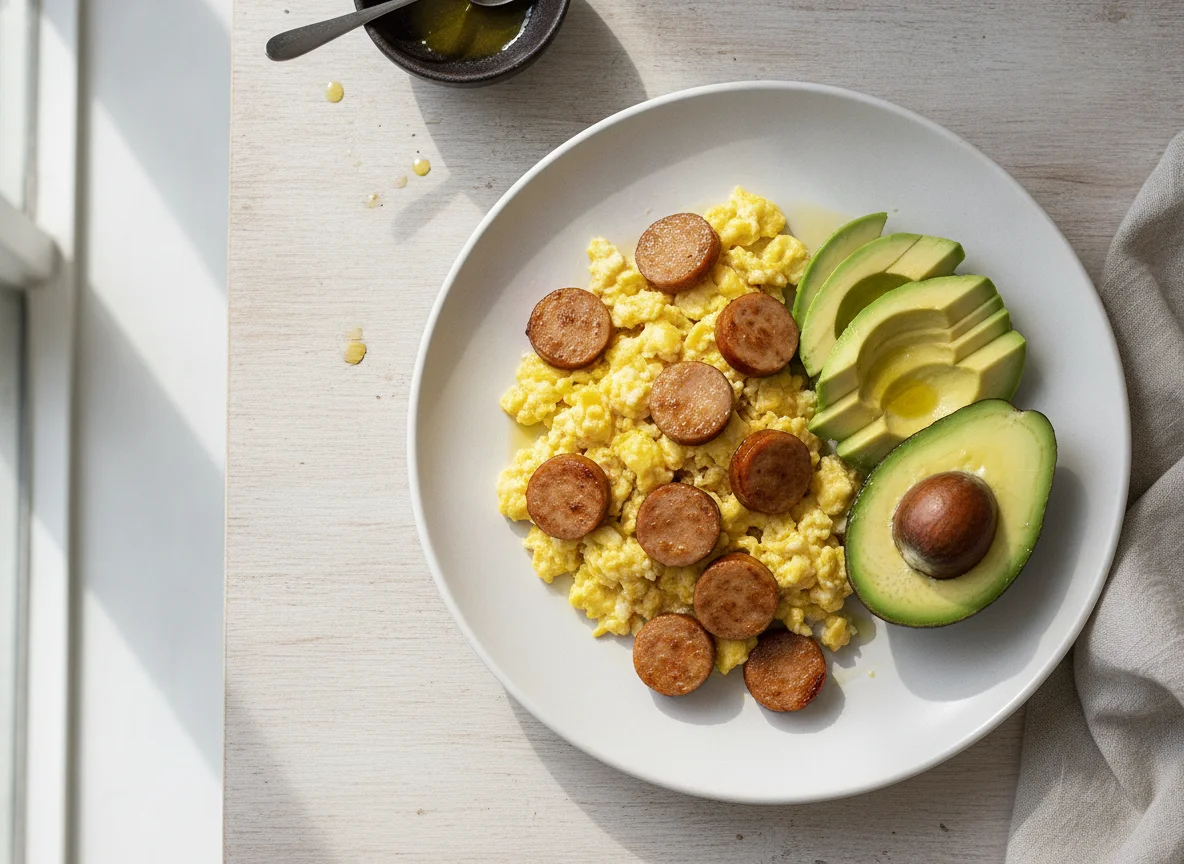 Huevo con salchicha y aguacate photo