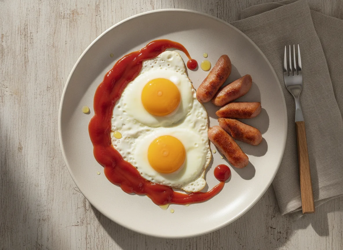 Huevo con salchicha y salsa catsup photo