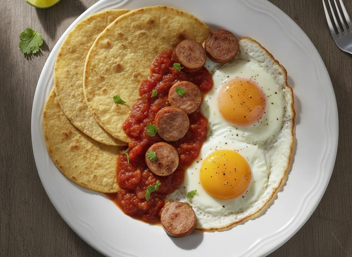 Huevo con salchicha y tortilla photo