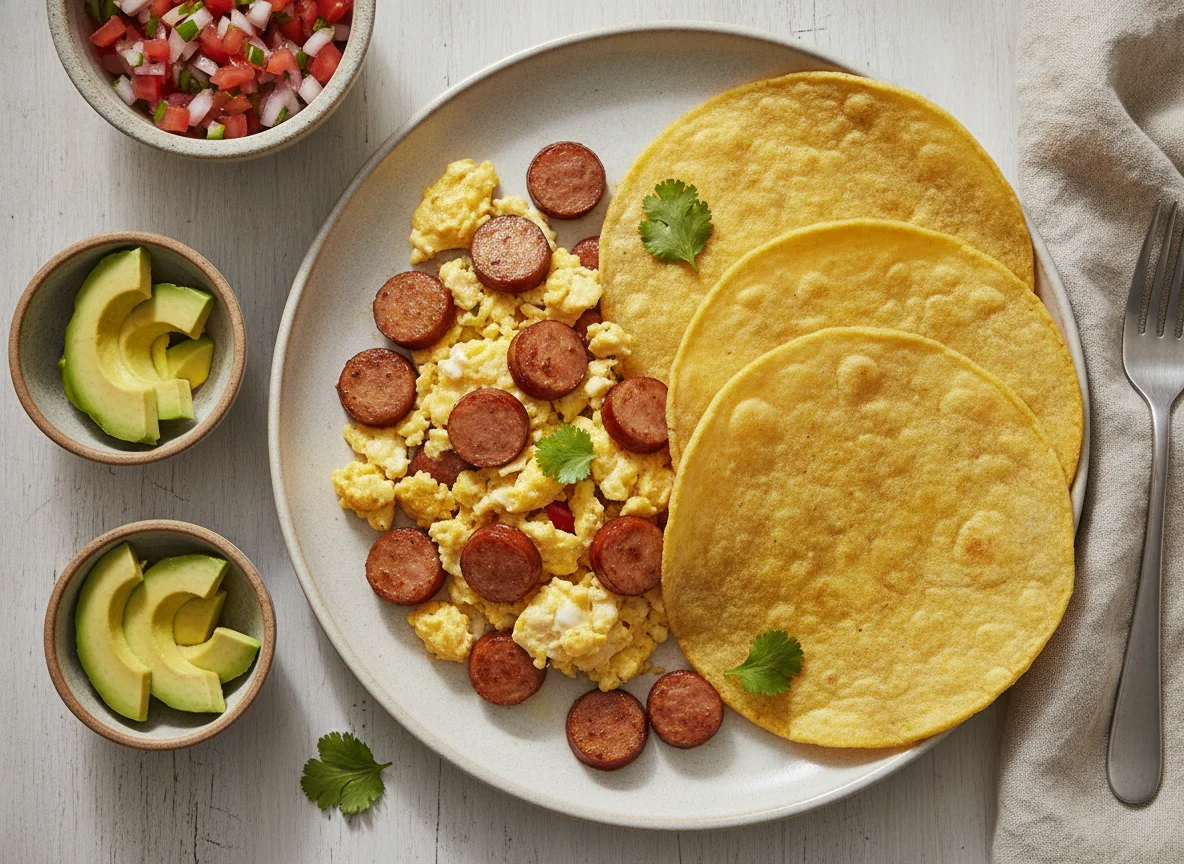 Huevo con salchicha y tortillas photo