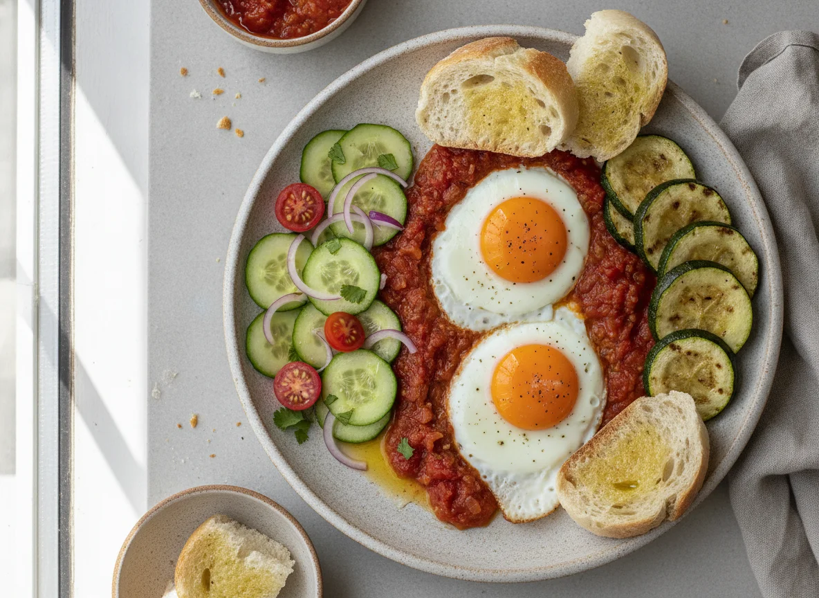 Huevo con salsa de tomate, ensalada fresca, zapallitos asados y pan photo
