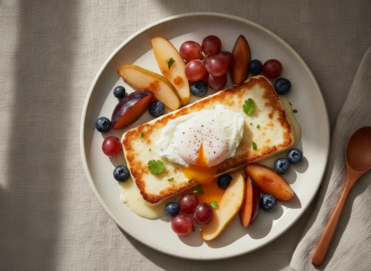 Huevo escalfado con queso y frutas mixtas photo
