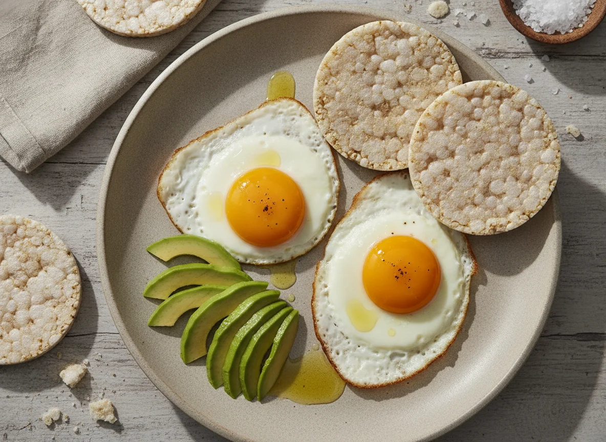 Huevo estrellado con aguacate y galleta de arroz photo