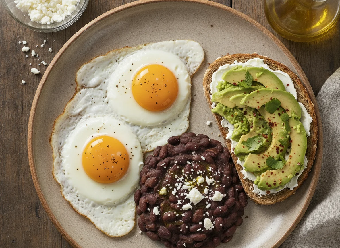 Huevo estrellado con frijoles refritos y tostada de aguacate photo