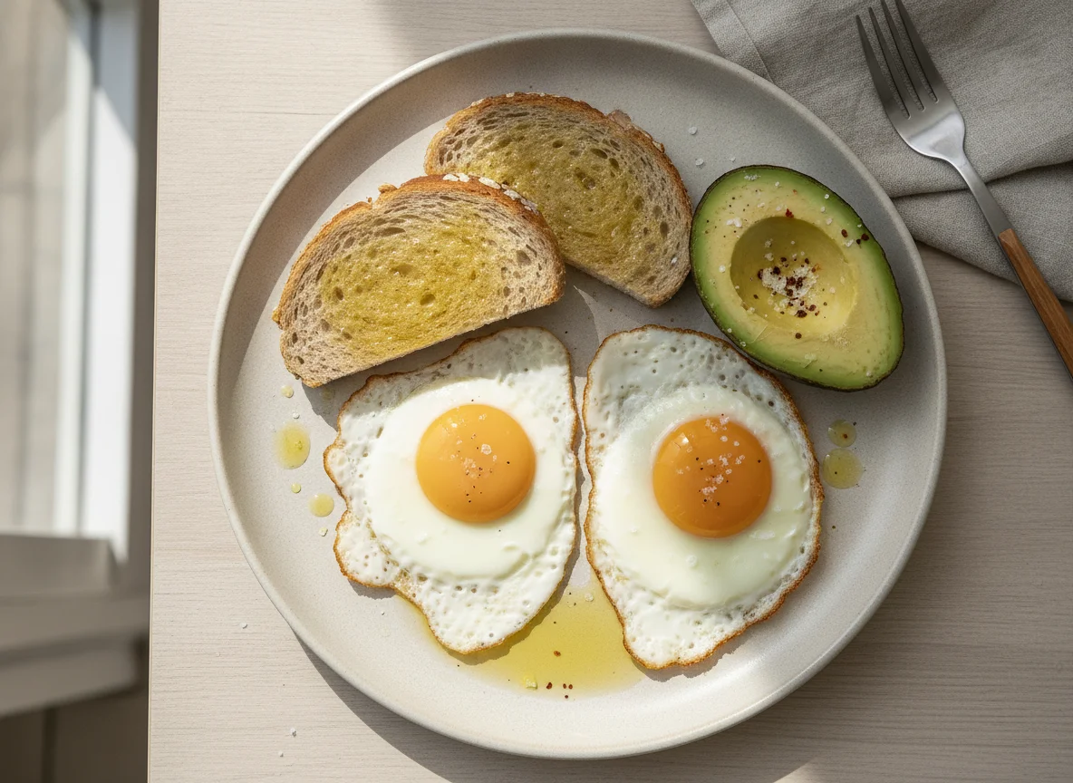 Huevo estrellado con pan integral y aguacate photo