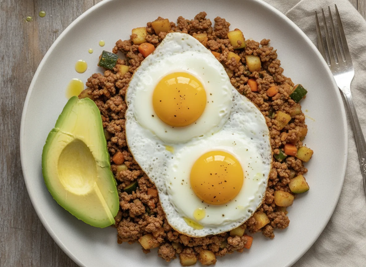 Huevo estrellado con picadillo de res y aguacate photo